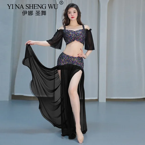 Conjunto de traje de danza del vientre para mujer, Top y falda de malla con lentejuelas, mangas cortas para adultos, ropa de práctica puesta en escena