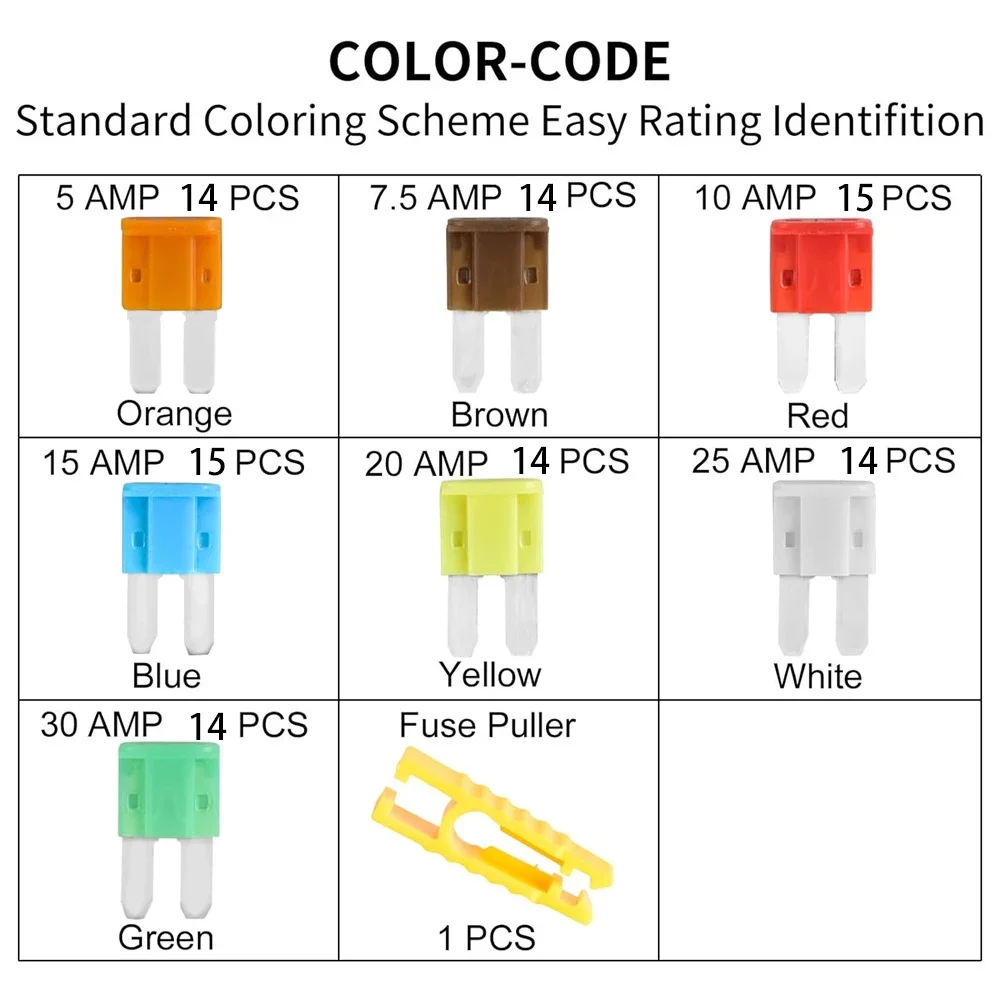 100PCS Micro2 Long Foot Fuse Combo Kit 5A 7.5A 10A 15A 20A 25A 30A Micro2 Fuse Combination with Puller Tool,for Boat, RV,Truck view 2