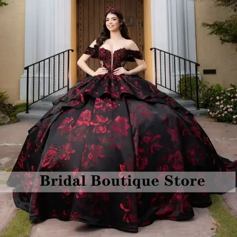 Black-Red Quinceanera Dress Crystal Beadwork Decal Long tail off-shoulder Layering Bow Vestidos De 15 Quinceanera ﻿Customize