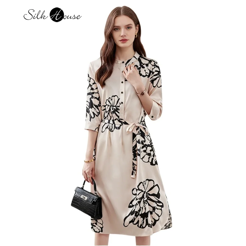 

Women's Clothing High-end 91.8% Natural Mulberry Silk Elastic Satin Shirt Style Stand Up Collar Three-quarter Sleeve Party Dress