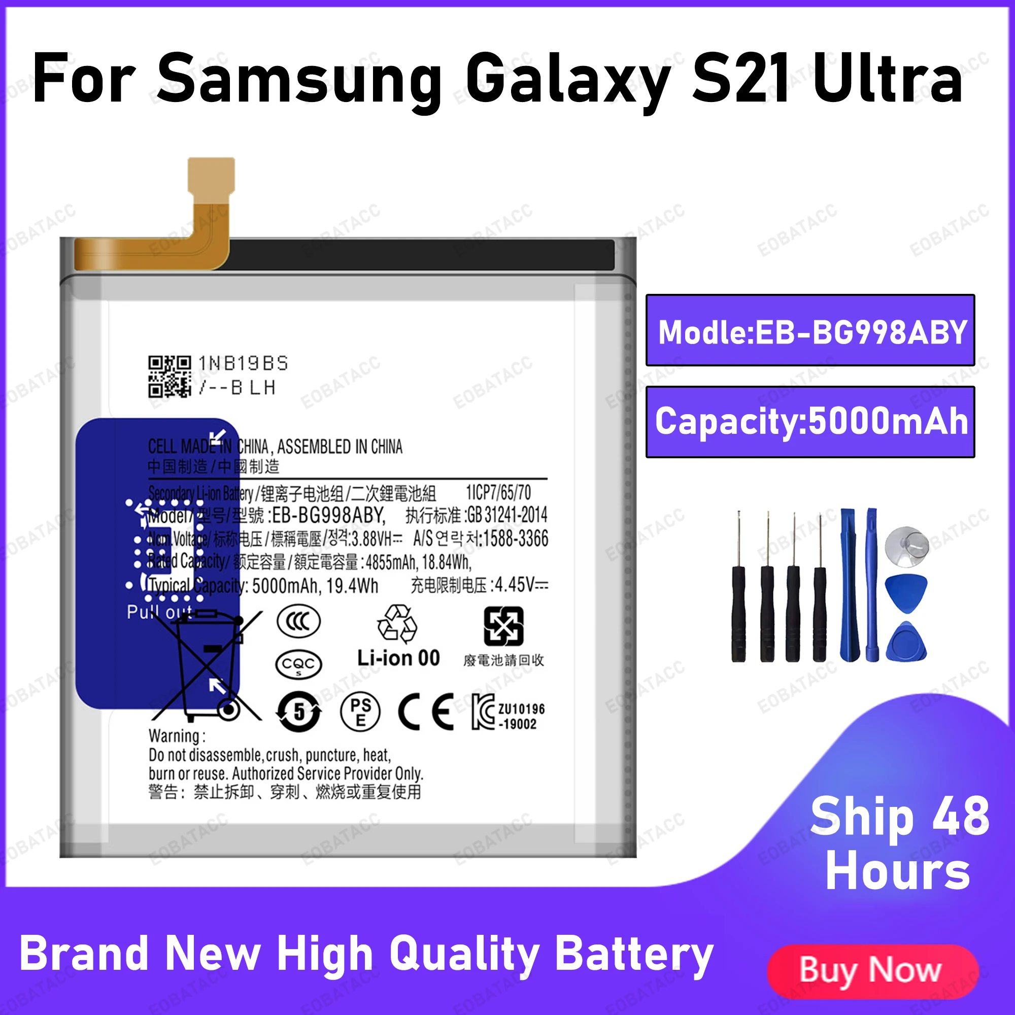 

5000mAh EB-BG998ABY Battery For Samsung Galaxy S21 Ultra Replacement Bateria+Free Tools