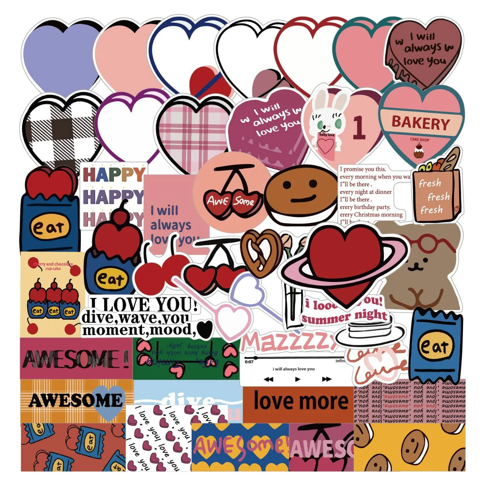 50PCS Heart-Shaped Muffin Doodle Sticker Phone Case Decoration DIY Office Stationery Iron Box Decal Computer/Motorcycle