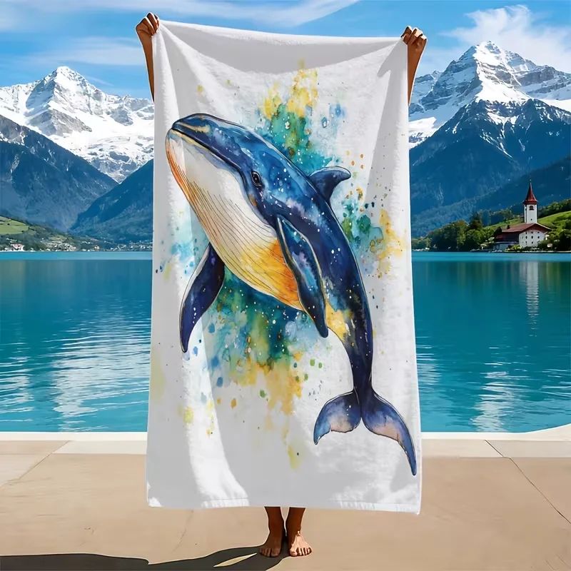 Minimalist Watercolor Whale Beach Towel Ocean Marine Art Print Quick Dry Sandproof Absorbent Towel for Summer Beach Vacation