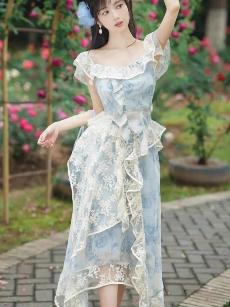Women's Elegant Chic Two-Piece Suit Dress Summer Blue Square Collar Lace Flying Sleeves Lace Patchwork A-Line Skirt Fashion New
