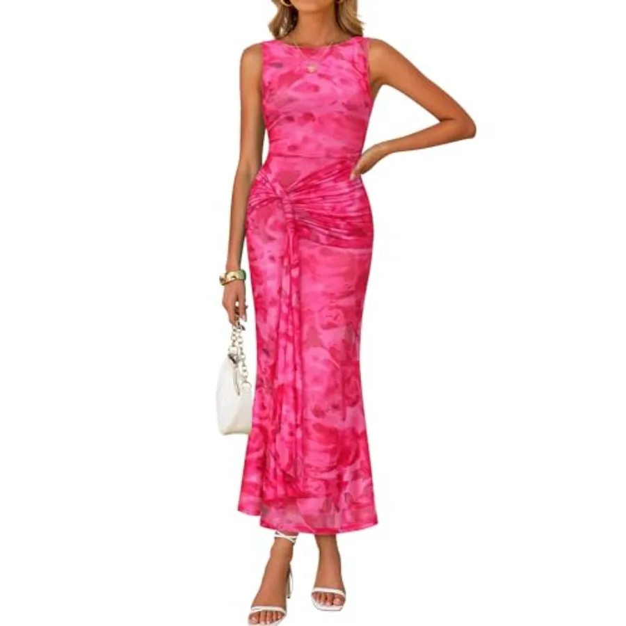 

ZESICA Women's Summer Sleeveless Bodycon Dress 2026 Crewneck Ruched Sexy Mesh Wedding Guest Cocktail Party Maxi Dresses