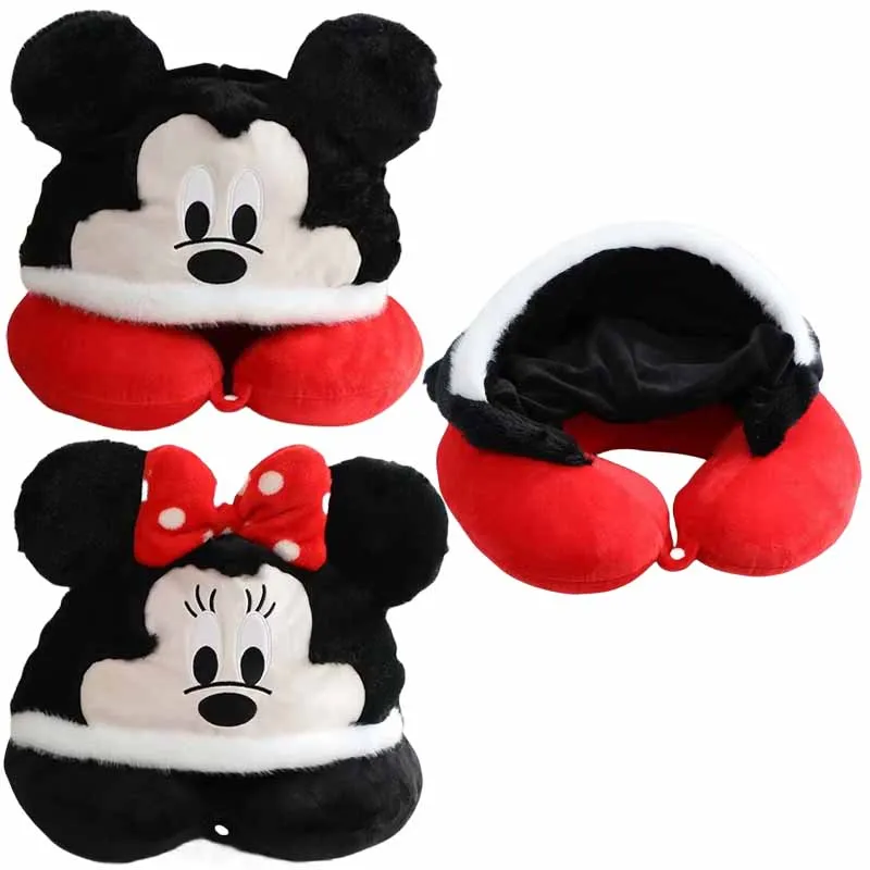 Disney Mickey Mouse Minnie Mouse U-shaped Neck Pillow Anime Cartoon Cute Plush Doll Travel Portable Office Nap Hooded Pillows