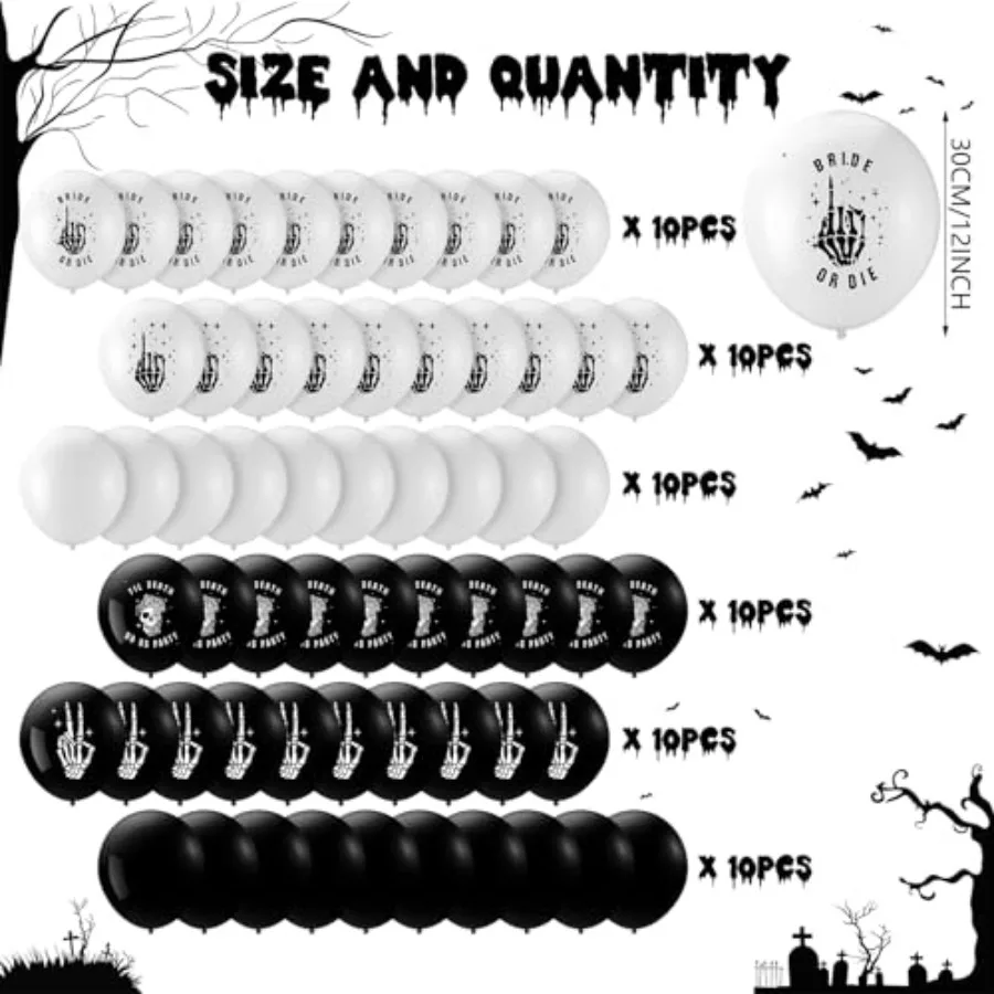 60 pçs noiva ou morrer balões de látex preto branco decorações de despedida de solteira crânio até a morte nos fazer festa balão preto e branco de