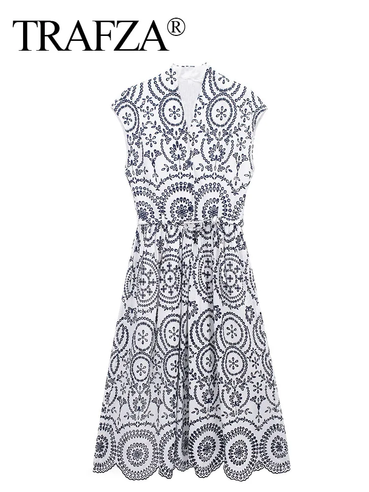 

TRAFZA Summer Women Print Casual Sleeveless V Neck Midi Dress Woman Vintage Fashion Bohemian Style Folds Loose Dresses Mujer