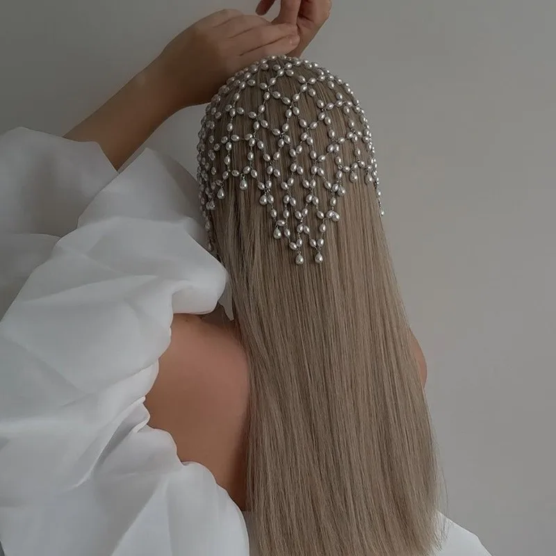 رائع اللؤلؤ شرابة خوذة حجر الراين الشعر سلسلة عقال بلينغ قبعة الزفاف المرأة كريستال الجوف رئيس سلسلة مجوهرات #1