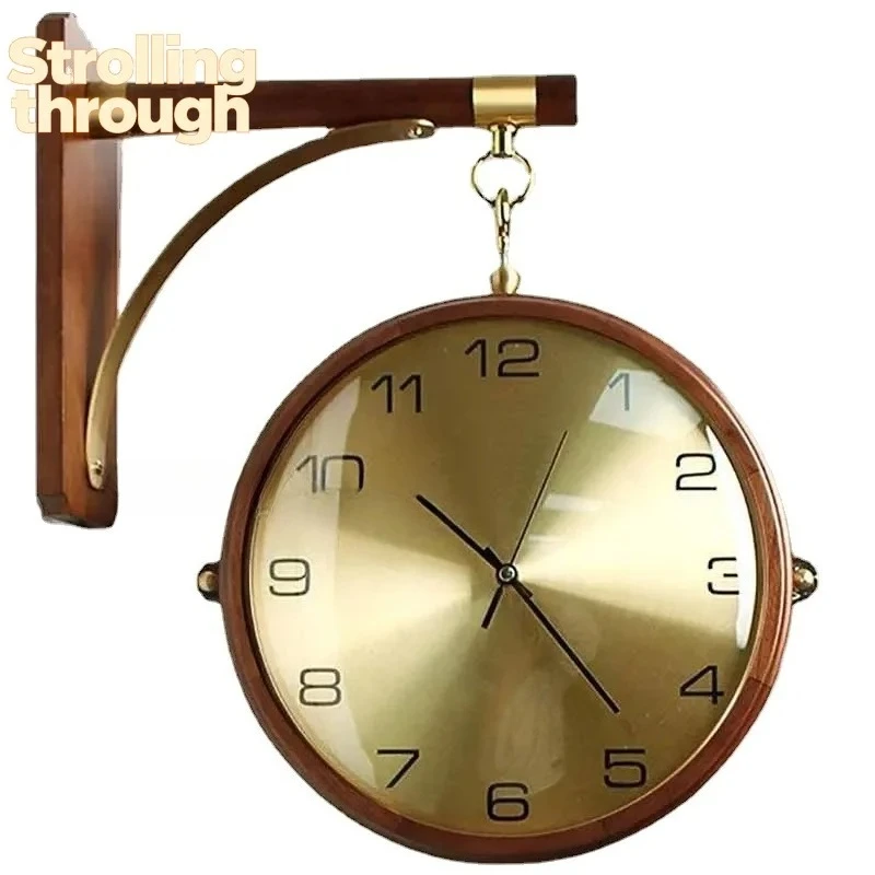 Luxury Wood Double Sided Wall Clocks Movement Silence 360° Rotatable Wall Clock Aesthetic Living Room Decoration Accessories