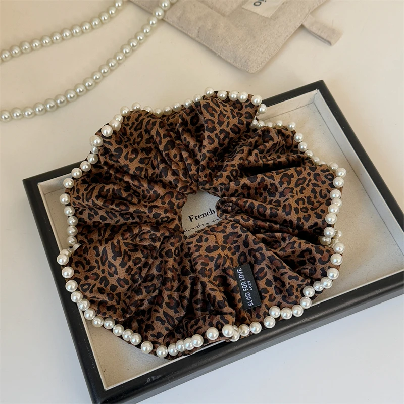 Korean High-end Leopard Print Large Intestine Scrunchie Female Pearl Lace Light Luxury Ponytail Head Rope
