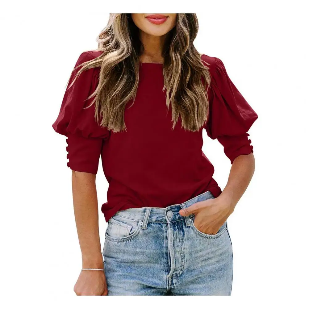 Women Fall T-shirt Lady Fall Blouse Stylish Women's Round Neck Patchwork Lantern Sleeve T-shirt for Summer Commute Office Wear