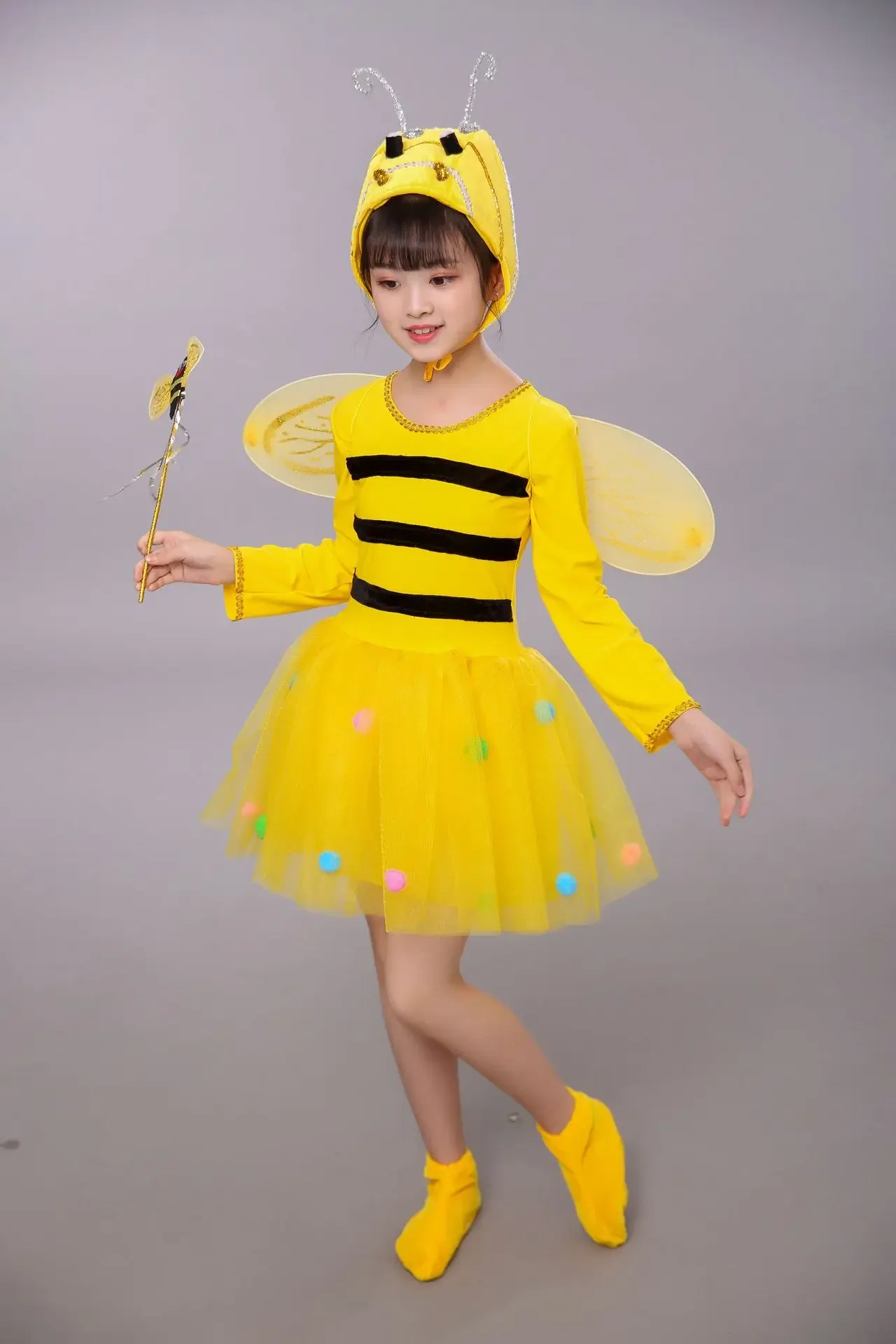 Bijenkostuum Kinderen Halloween Cosplay Set Bijenjurk met Vleugels Hoofdband Beenmouwen en Haarhoepel voor Show Dress Up