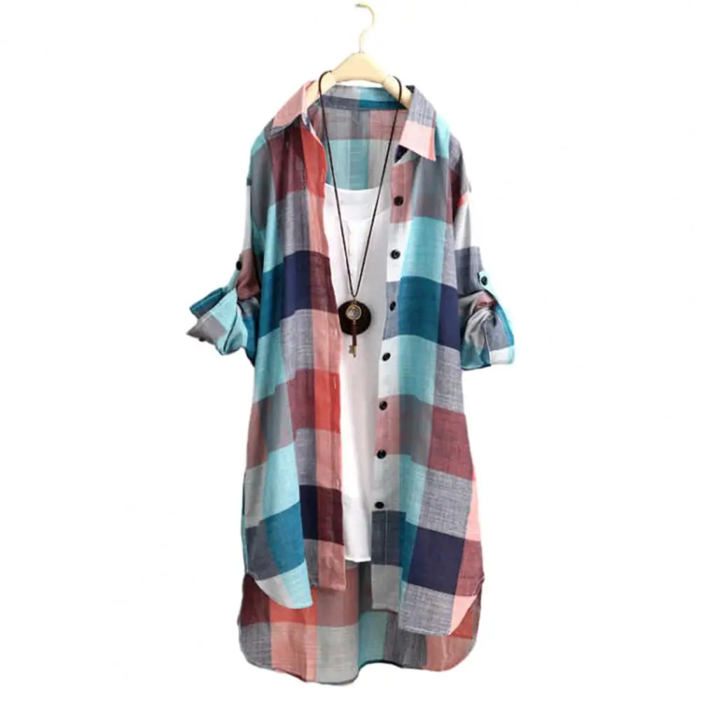 

Breathable Shirt Plaid Print Women's Shirt with Irregular Hem Long Sleeves Oversized Lapel Top for Ladies Soft Breathable