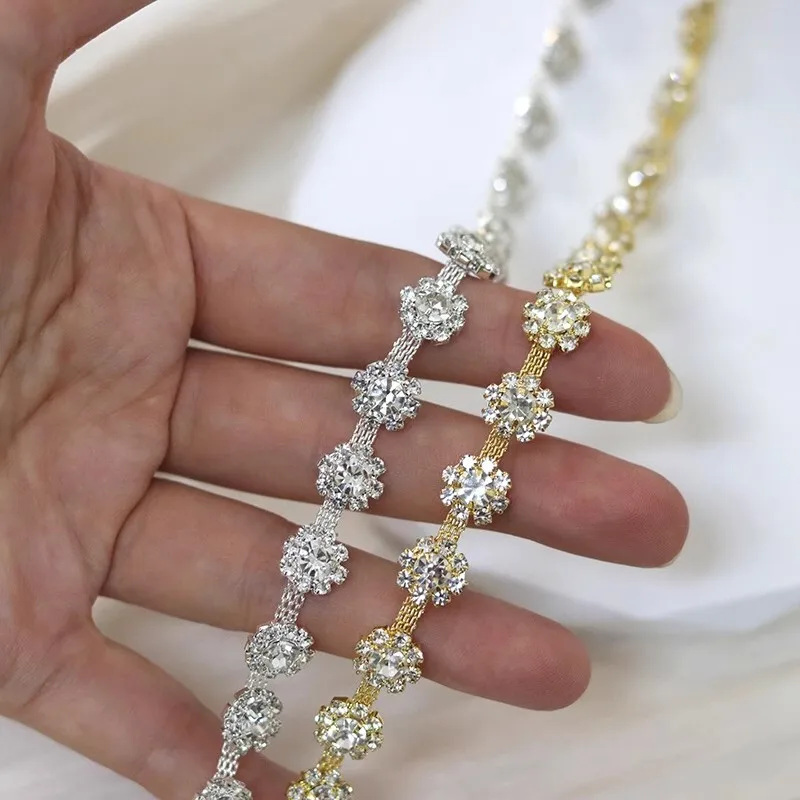 1yard 1cm Skirts,wedding dresses,hairbands decorative lace fabric high quality 2025 Luxury glass rhinestone chain lace trim