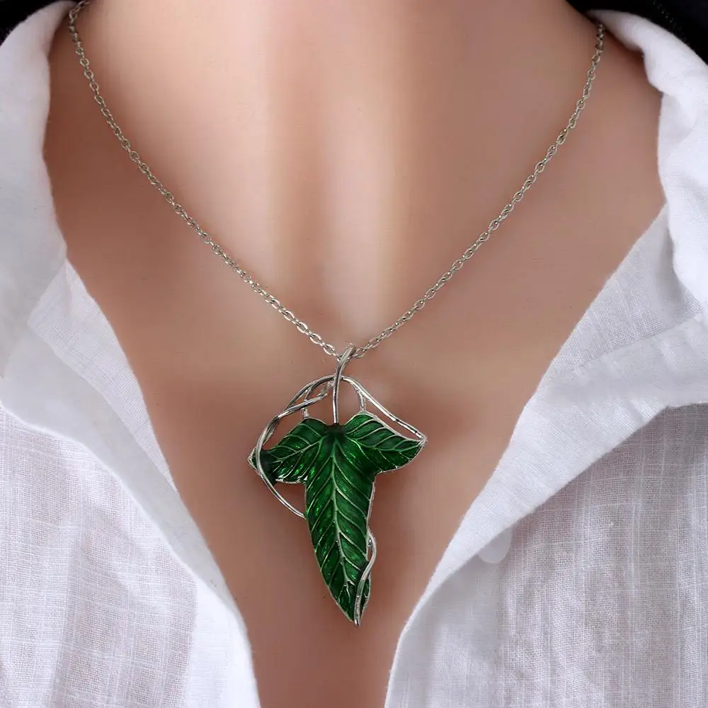 Vintage Green Leaf Necklace Trendy The Hobbit Elf Pendant Pin Necklace Chain Sweater Necklace Jewelry for Women Gifts