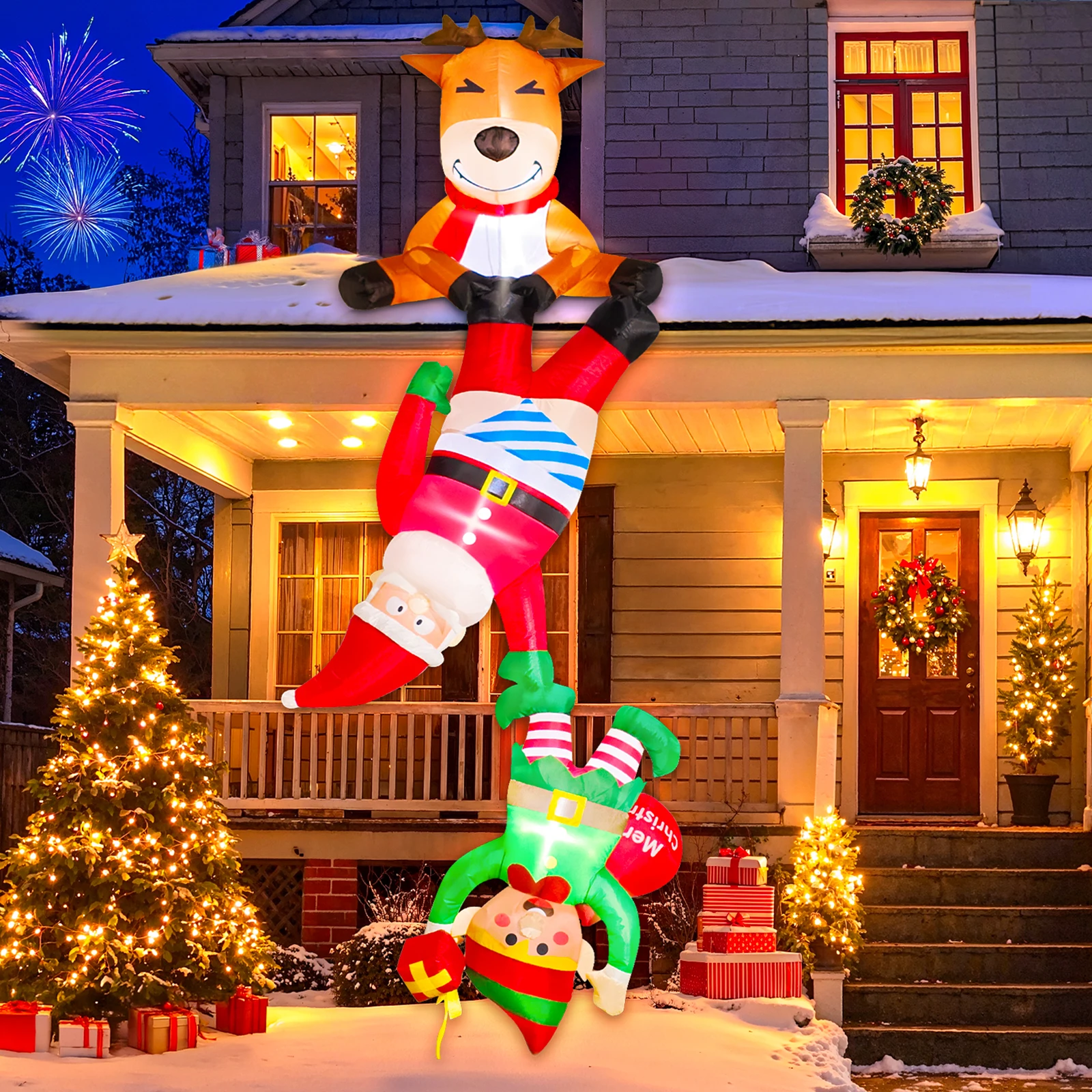 8FT Inflatable Christmas Decorations Outdoor, Funny Christmas Inflatables Reindeer Pulling Climbing Santa and Falling Elf Decor - view 3