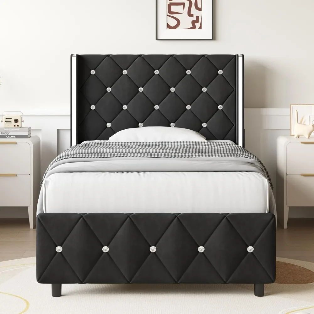 

Twin Bed Frames, Upholstered Platform Bed Twin Size with Diamond Tufted Headboard, Modern Velvet Bed Frame with Wingback Design,