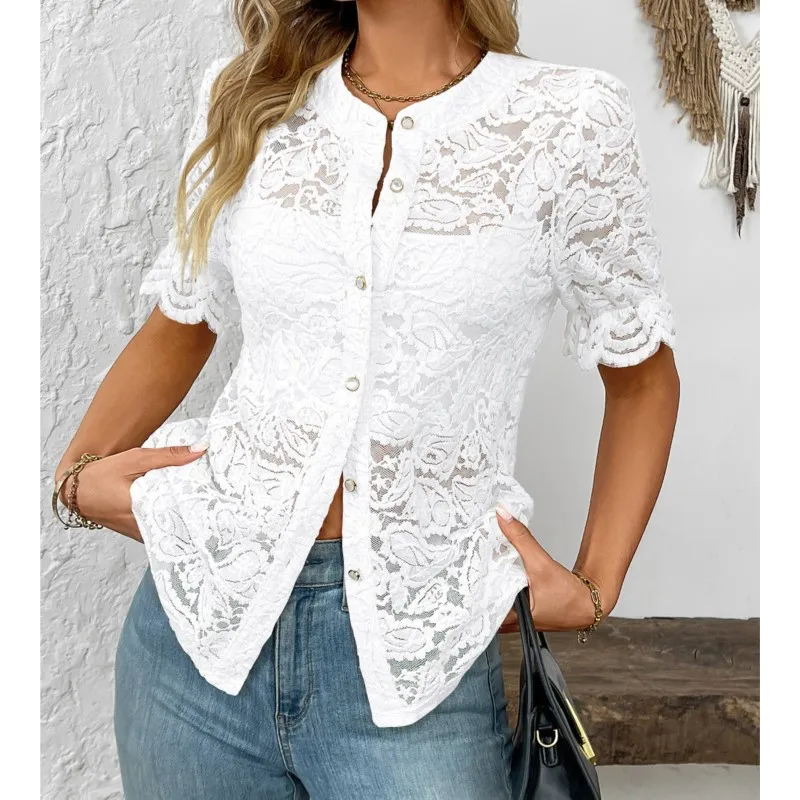 

Women's Elegant Lace Shirt 2026 New Fashion Short Sleeve Button Up Floral Lace Casual Shirt