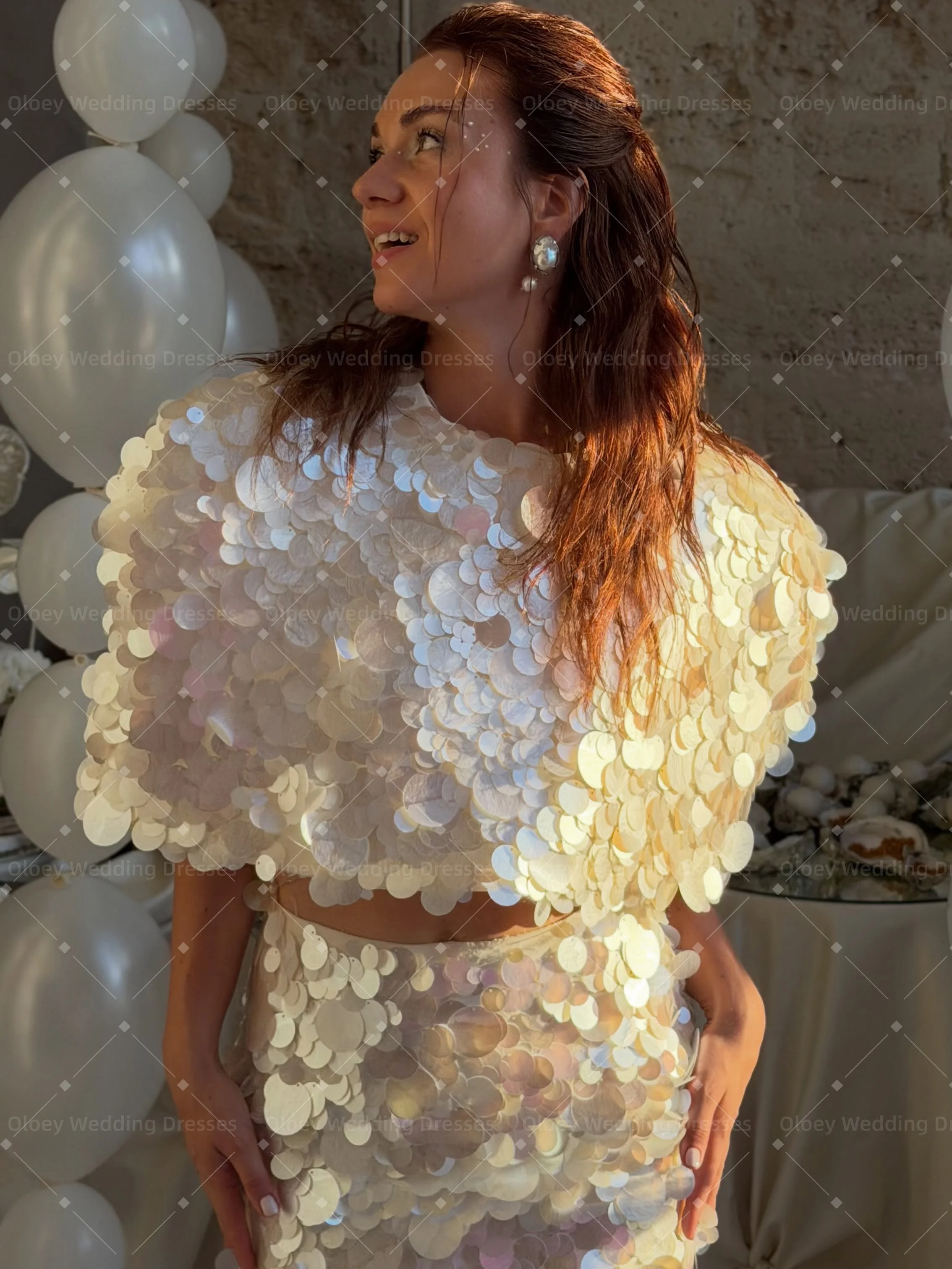 OLOEY Zweiteilige Pailletten-Kurzkleider für Damen, O-Ausschnitt, kurze Ärmel, Meerjungfrauen-Stil, zweiteilige Sets, Ballkleider, Tanzkleid