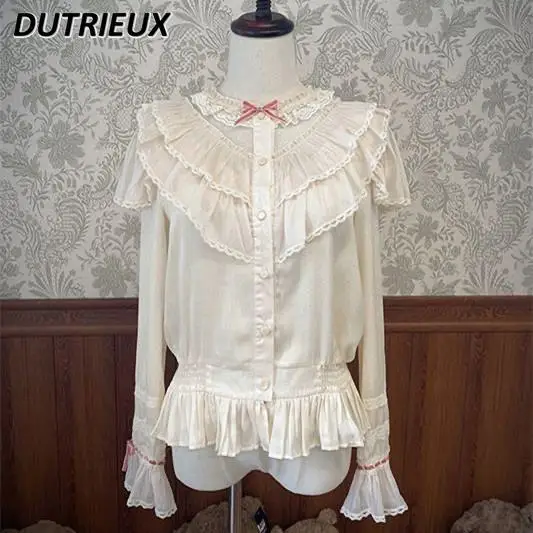로리타 스타일 긴팔 내부 셔츠 스탠드 칼라 봄 가을 프릴 에지 캐주얼 셔츠 패션 여성의 우아한 탑