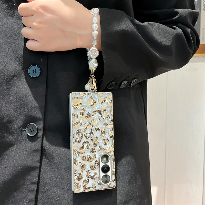 For Samsung Galaxy Z Fold 6 Luxury Classic Leopard Wave Shockproof Pearl Chain Phone Case Cover_voghion.com