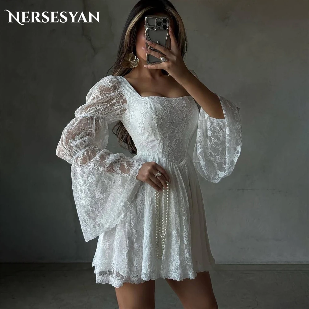 

Nersesyan Boho Lace Luxury Prom Dresses Square Collar Flare Sleeves Mini Dress Appliques Wedding Guest Party Gowns Customized