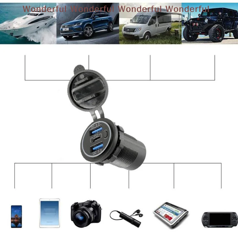 

Quad-Port 12V USB Outlet With Button Switch 96W Dual USB-C Car Charger Socket