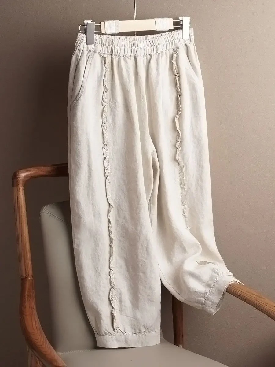 

Summer Lightweight Lace-trimmed Cotton-Linen Casual Pants for Women Loose Nine-Minute Wide-Leg Pants Versatile JJ232