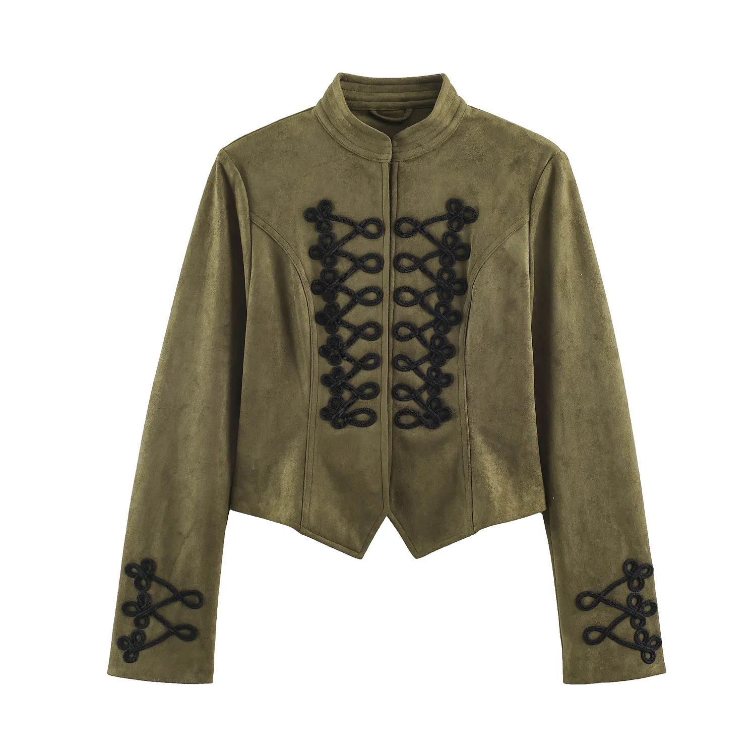 2026 Y2K Women Faux Suede Short Jacket Stand Collar Handmade Knot Embroidery Slimming Long Sleeve Outerwear Retro Jacket Coat