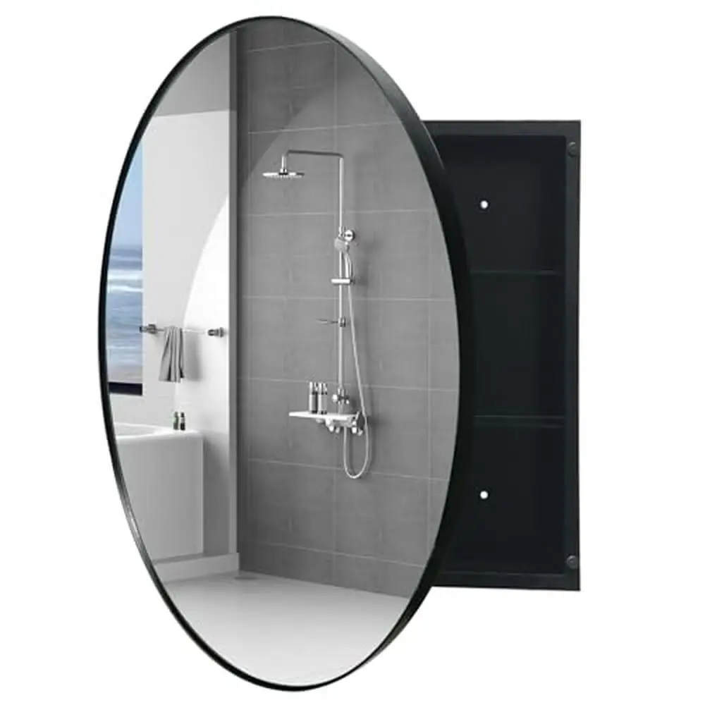 Round Bathroom Mirror Cabinet Metal Construction Wall Mounted Storage Organizer 30