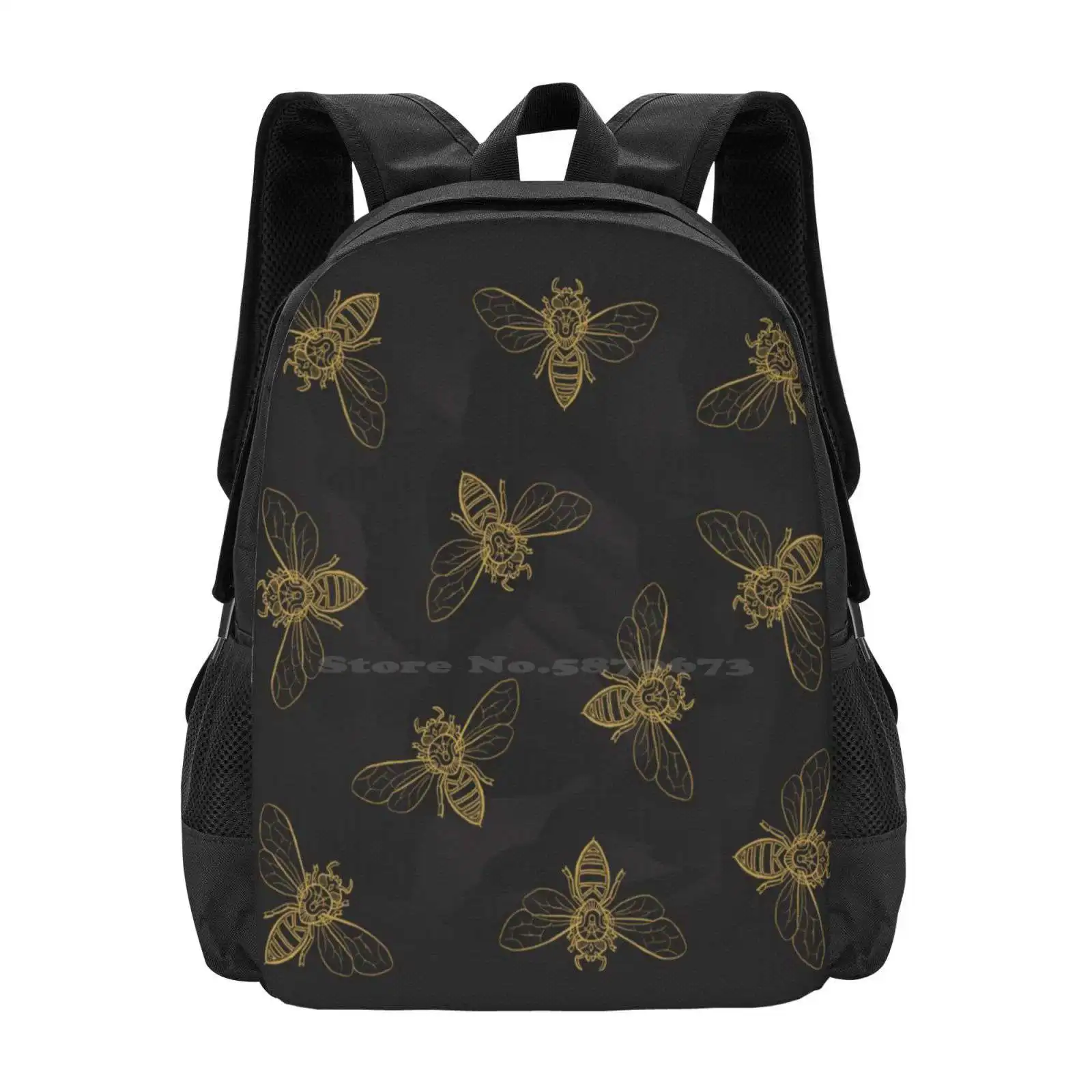 Mandala Bees Pattern Design Bag Student'S Backpack Insect Buzz Flower Spring Nature Season Gold Black Yellow Ink Hipster Bzz