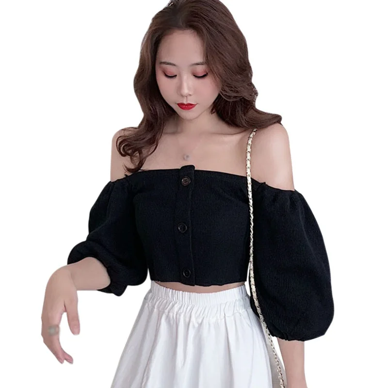 Women's Crop Top Solid Slash Neck Slim Korean Version Half-sleeved Pullover T-shirt Tops