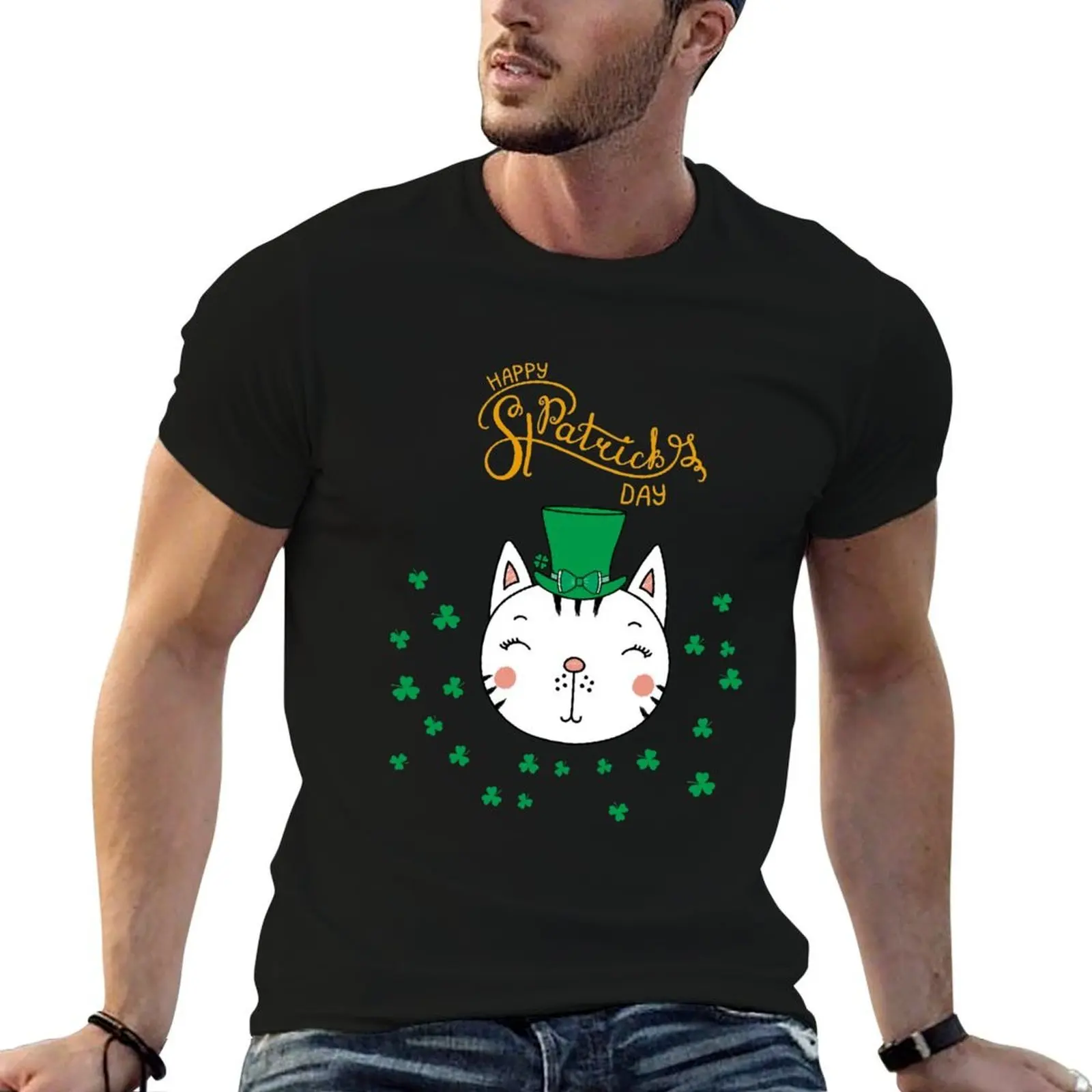 Happy St Patrick's Day Kids Cat Leprechaun Outfit Irish Pride Apparel Cute Saint Patricks Day Shamrocks & Cat Tee T-Shirt