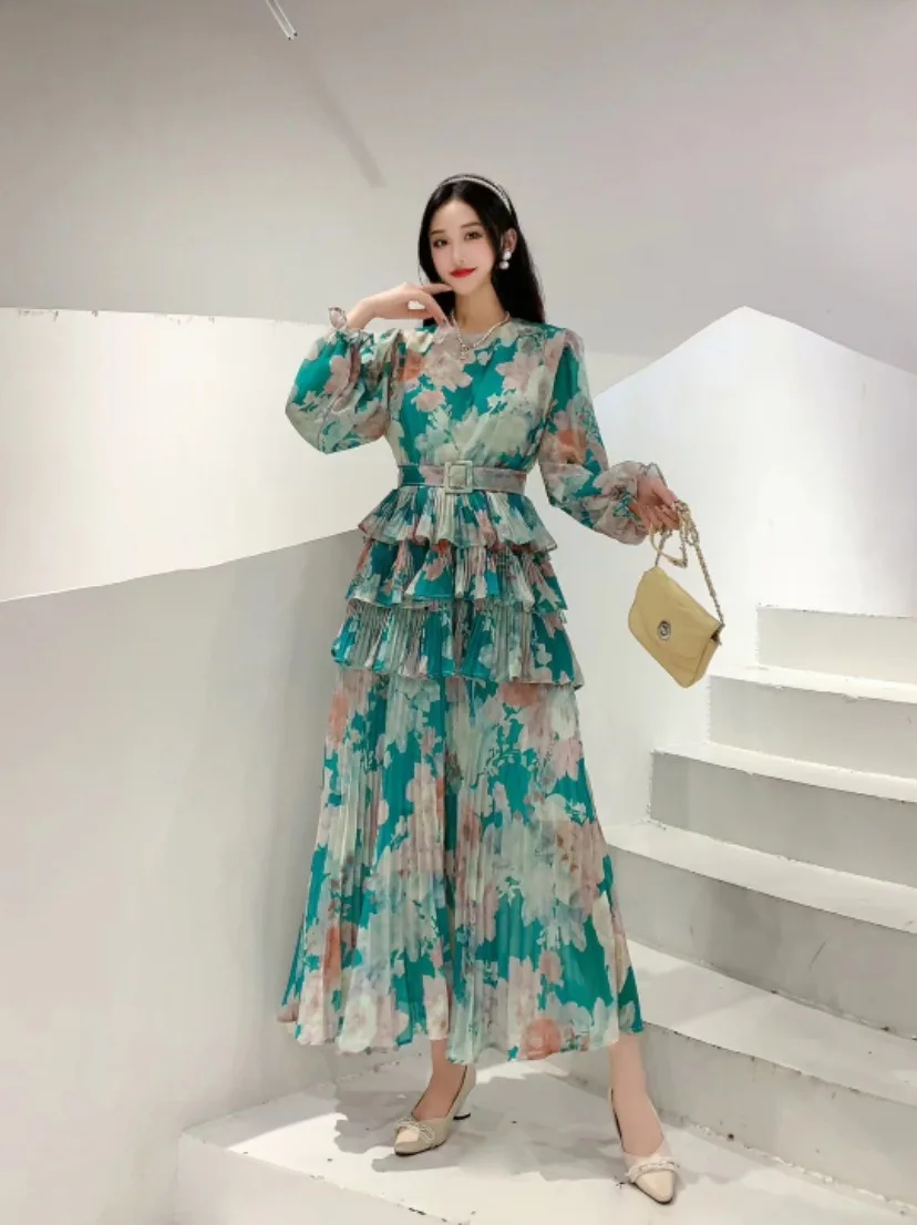 2024 New Spring Autumn Women Long Sleeve Belt Slim Long Dress High Quality Sweet Pleated Cake Big Hem Floral  Muslim Dress