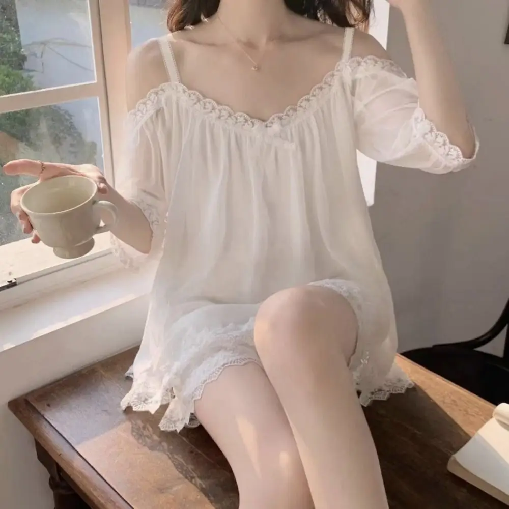 

Soft Women Mesh Pajama Set Elastic Nightwear Suspender Shorts Pajama Suit Off Shoulder Hollow Out Women's Sleepwear Sets