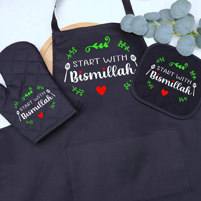 start with bismillah Ramadan Mubarak pot holder apron Oven Mitt happy Eid al-Fitr Muslim Islamic Kareem Iftar housewarming gift