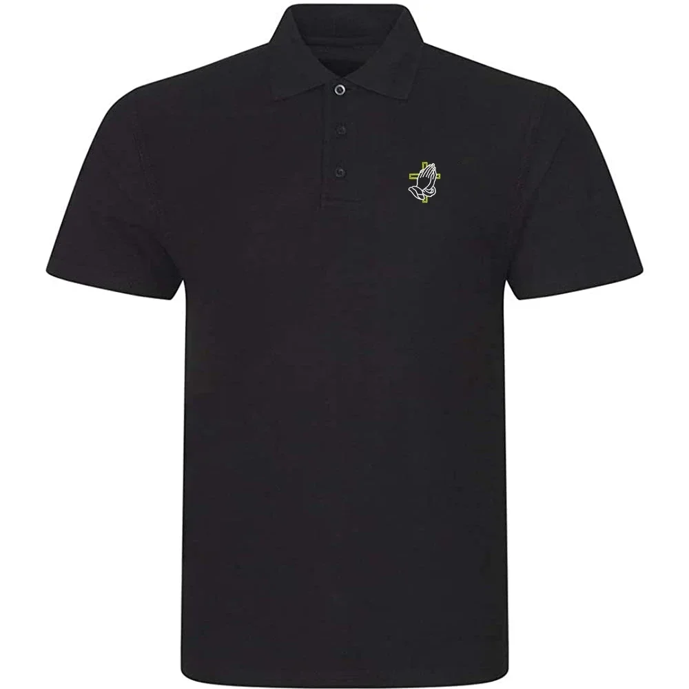 

Lyprerazy Men's Casual Polo Shirt Praying Hands with Cross Embroidered Short Sleeve Golf Polo-Shirt