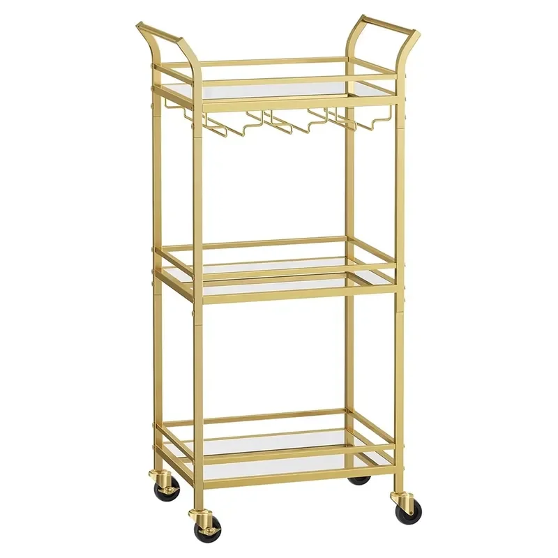 3 Tier Rolling Bar Cart with Wine Rack and Glass Holder Mobile Kitchen Serving Trolley for Home Living Room Small Space