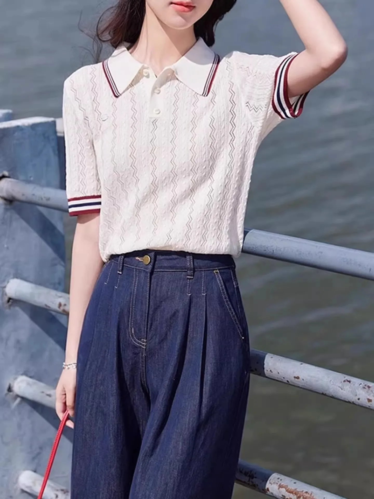 

Женский вязаный пуловер в корейском стиле с коротким рукавом, летний повседневный топ на пуговицах прямого кроя