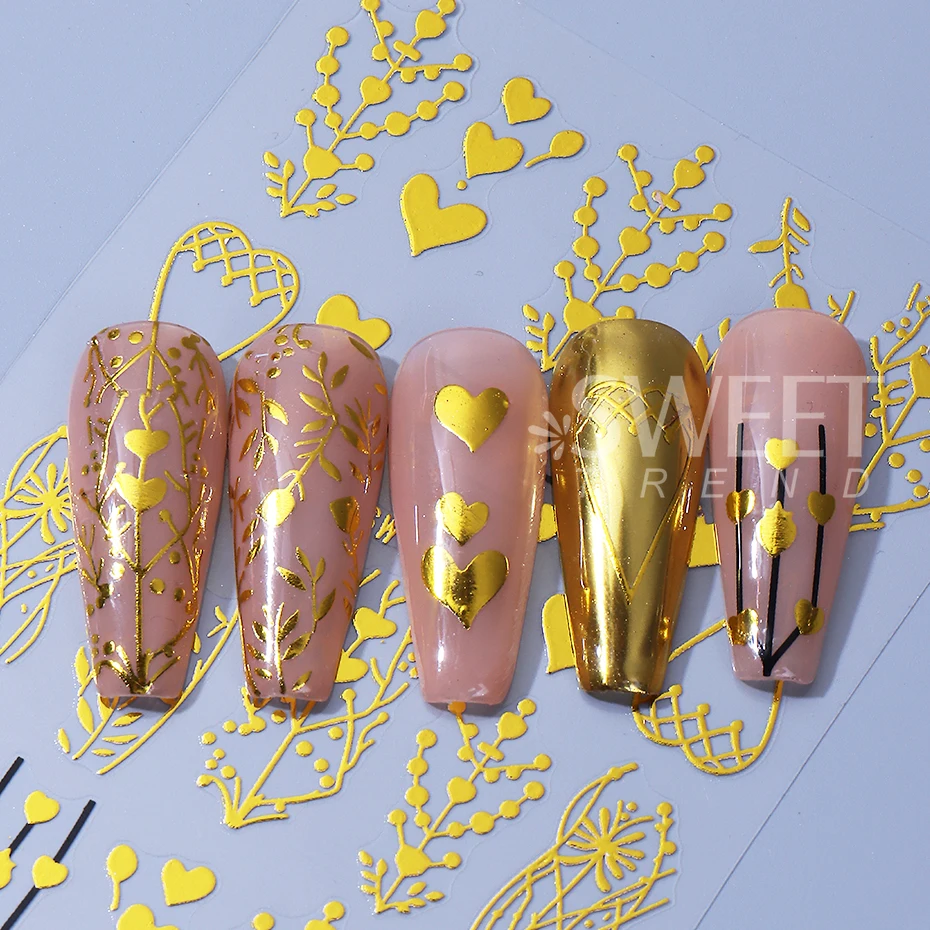 2 uds flores bronceadas pegatinas para decoración de uñas Metal de lujo pétalos de corazón dorados línea de vid geometría calcomanías para uñas decoración de manicura deslizador