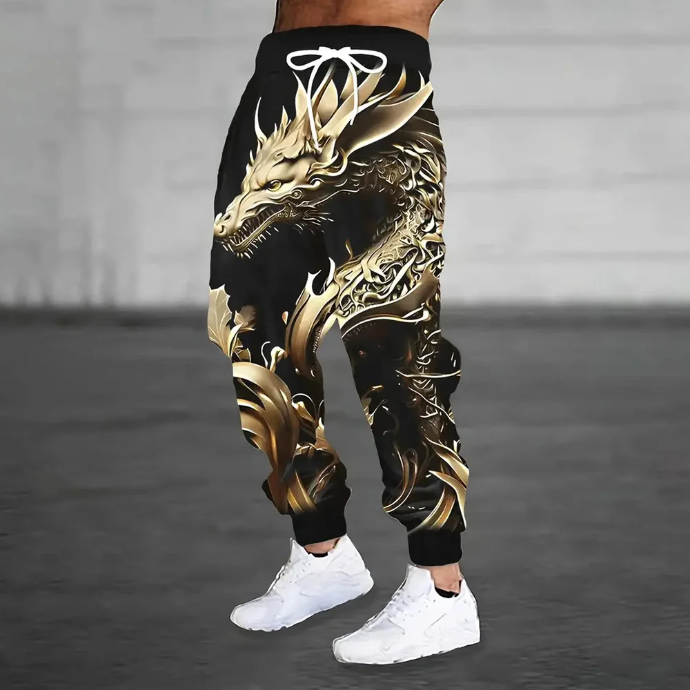 

Winter thick thermal pants fashion Golden dragon printed men's sports pants men loose casual pocket pull rope sports pants