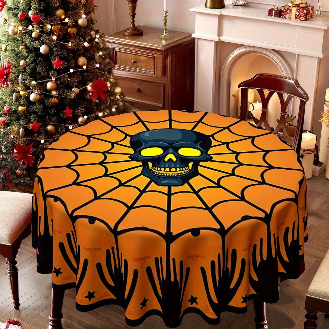 1 tablecloth, Christmas and Halloween theme - A household tablecloth inspired by spider webs and skull patternszyc