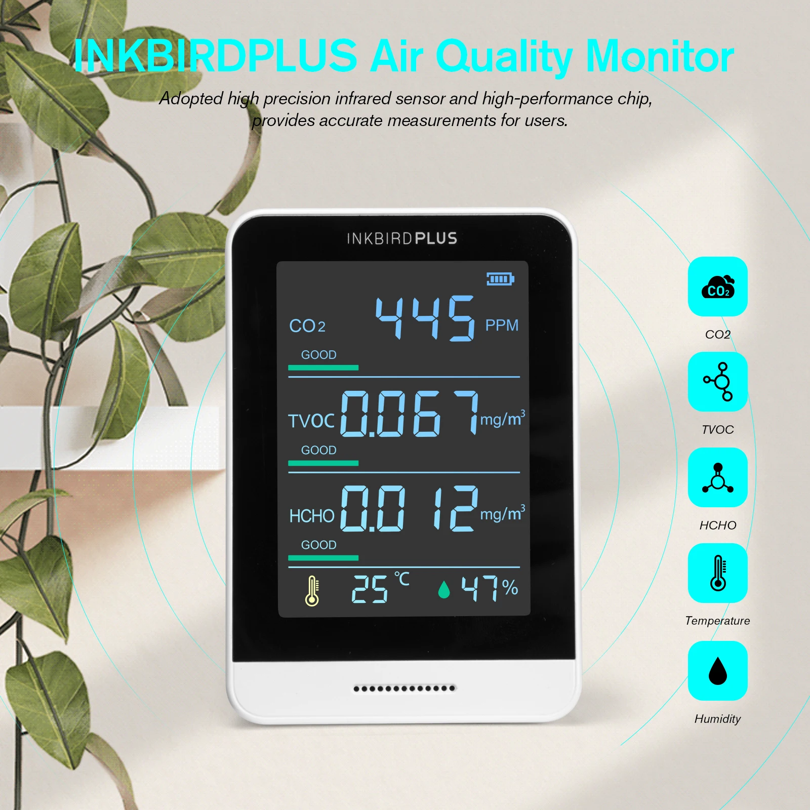 INKBIRD Plus Monitor jakości powietrza AK3 wewnętrzny miernik CO2 dokładny Tester temperatury i wilgotności względnej formaldehydu (HCHO)