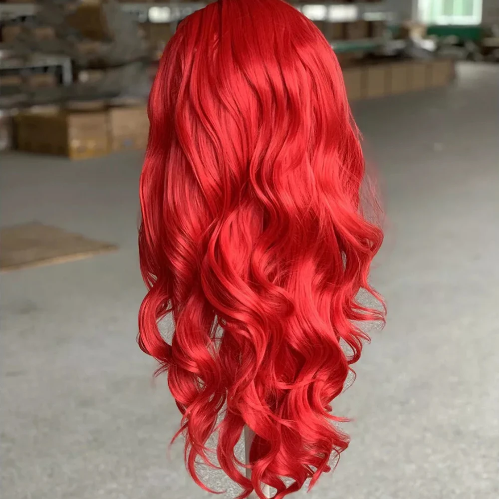 Wig merah panas Wig depan berenda sintetik gelombang tubuh untuk wanita Wig tahan panas siap untuk rambut sintetis Wig renda merah Cosplay