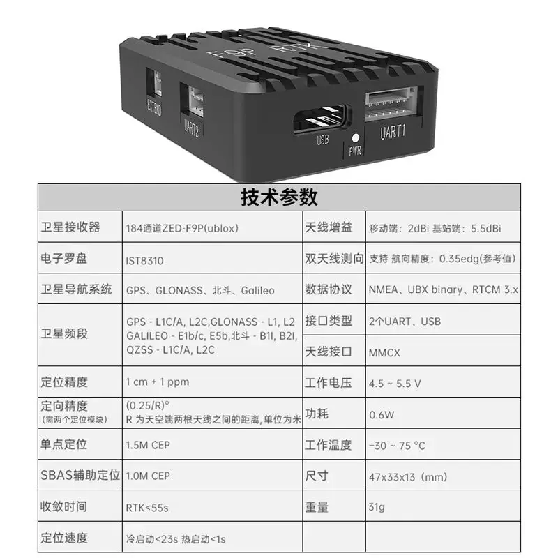F9P RTK cm-level positioning compatible with PX4/ArduPilot open source dual-module lateral GPS