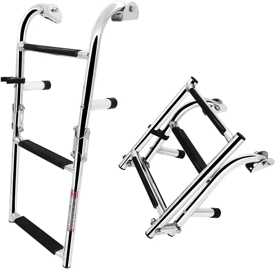 3 Steps Pontoon Boat Ladder, Stainless Steel Folding Telescoping Rear Entry Inboard Ladder Heavy Duty Custom Swim Deck Ladder