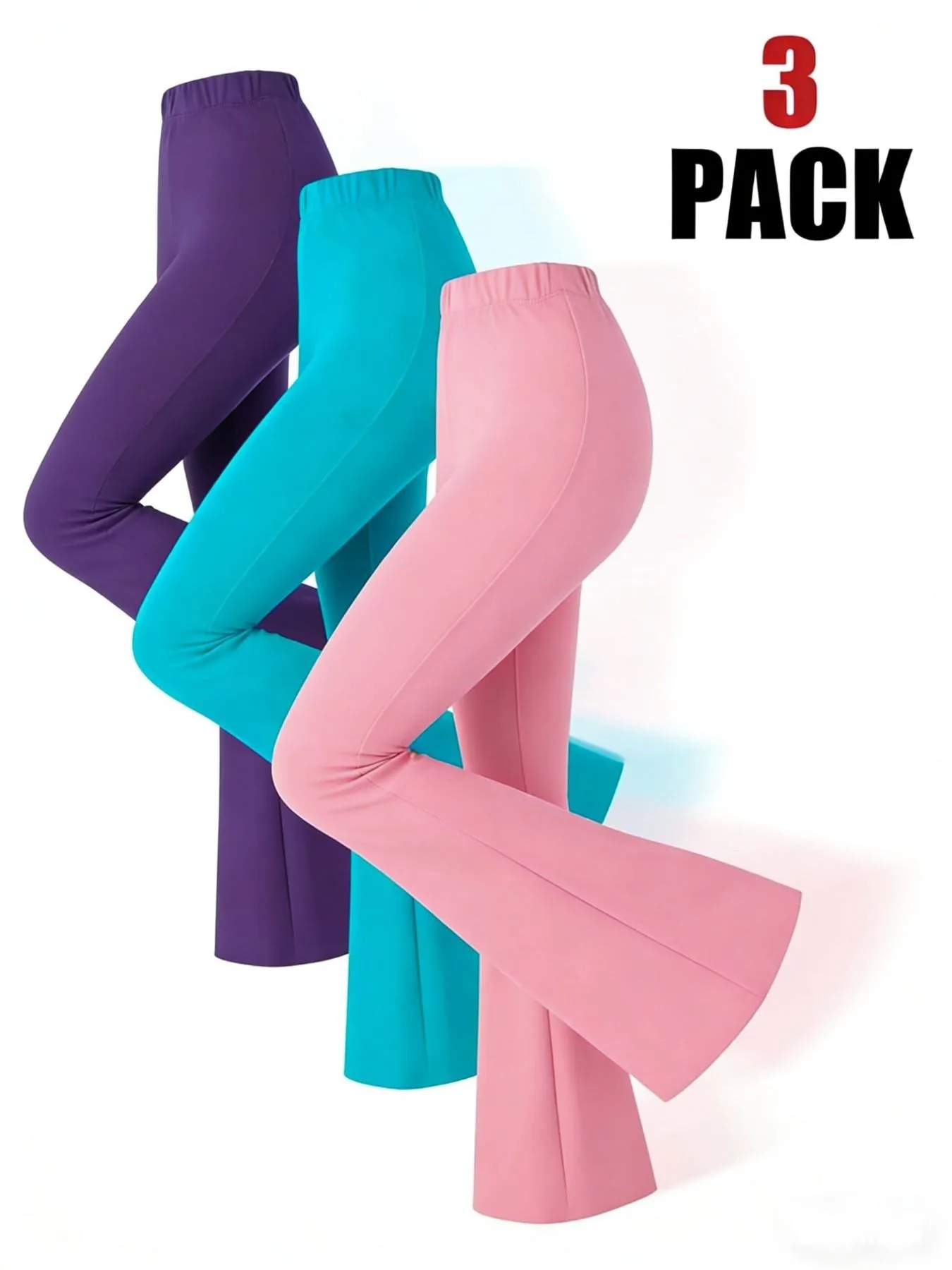 Kids Girls  3-Pack Solid Color High Waist Stretchy Flare Leggings Casual Daily Workout Yoga Slim Fit Breathable Pants