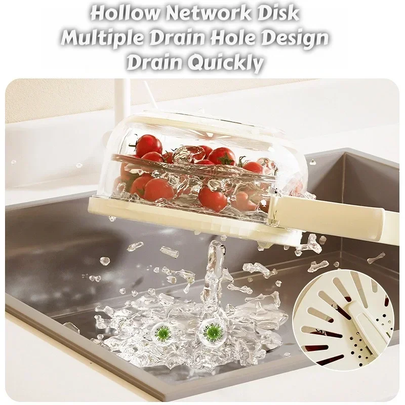 Fruit Drain Basket with Lid Vegetable Washing Bowl Foldable Handle Cleaning Colander Plastic Refrigerator Crisper Kitchen Box