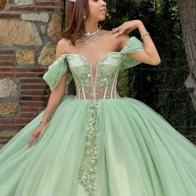 

Mint Green Quinceanera Dress Lace Crystal Tull Glitter Decal Long tail vestidos de 15 Quinceanera ﻿Customized